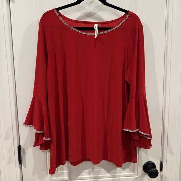 EUC 2xl NY Collection Women Red Bell Sleeve Top with Rhinestones Glam Party NYE - Picture 1 of 7